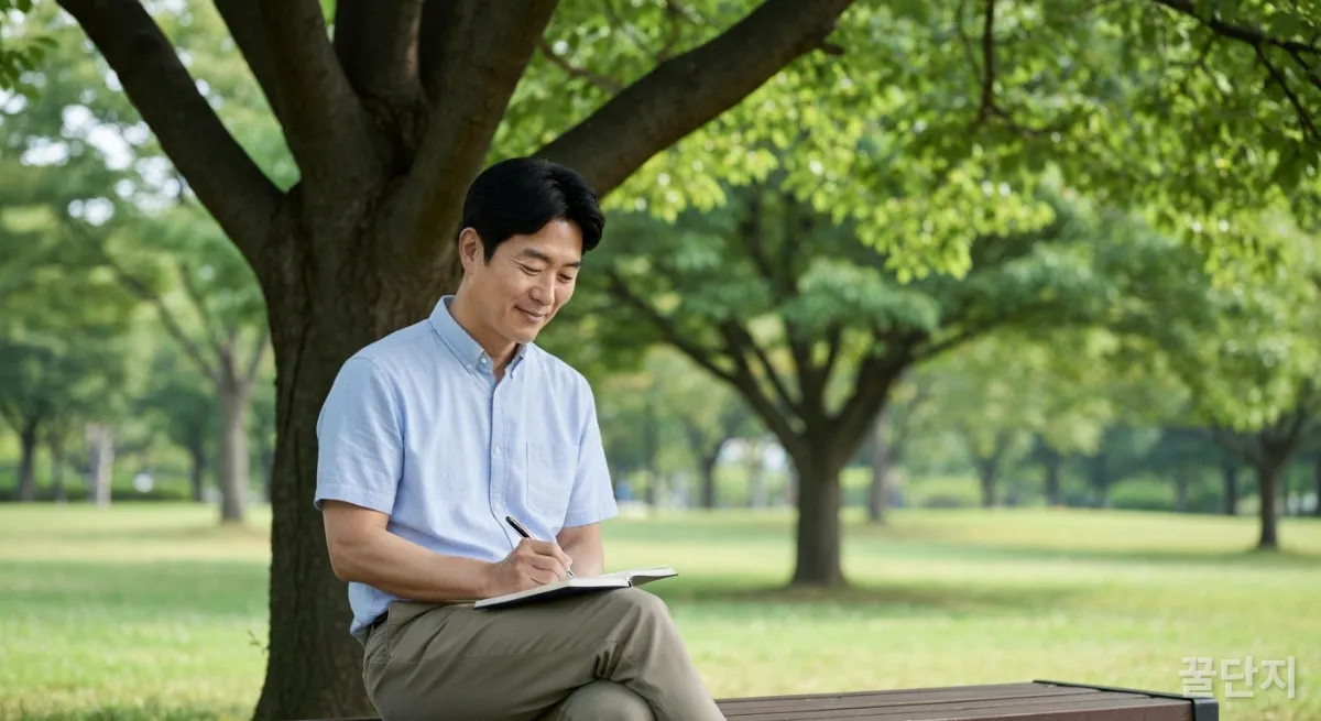 평화로운 공원 벤치에 앉아 수첩에 글을 쓰는 40대 한국 남성