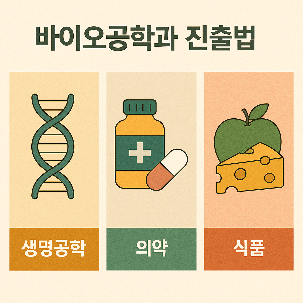 생명공학, 의약, 식품 분야 진로를 설명하는 한국어 정보 이미지