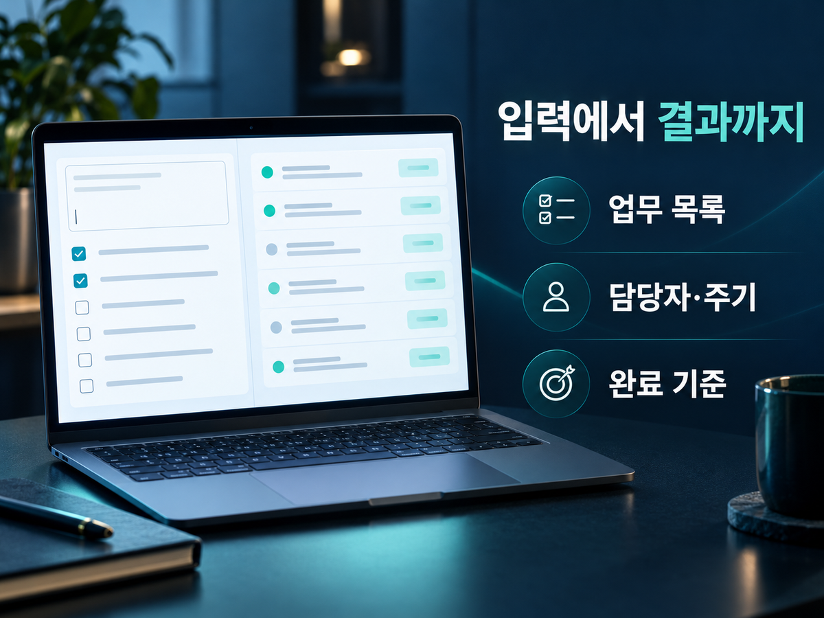 단일 HTML 체크리스트에서 업무 목록 입력과 담당자·주기·완료 기준 결과를 나눠 보는 예시 화면