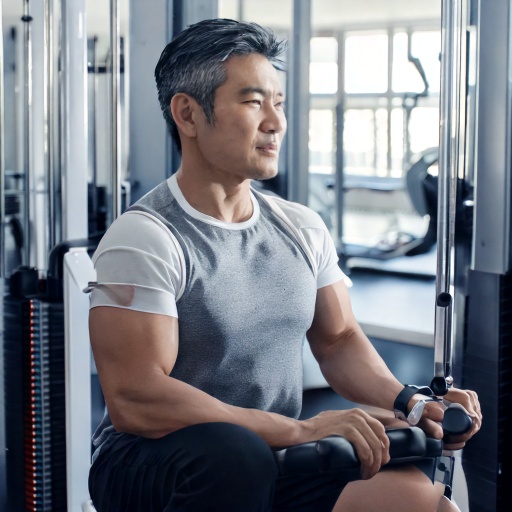 헬스장에서 운동하는 중년 남성