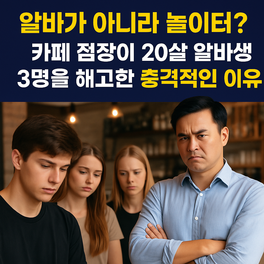 카페 내부에서 20살 알바생 세 명이 굳은 표정으로 서 있고, 그 앞에 점장이 팔짱을 낀 채 심각한 표정으로 응시하는 장면. 위에는 ‘알바가 아니라 놀이터?’라는 자극적인 문구가 적혀 있음