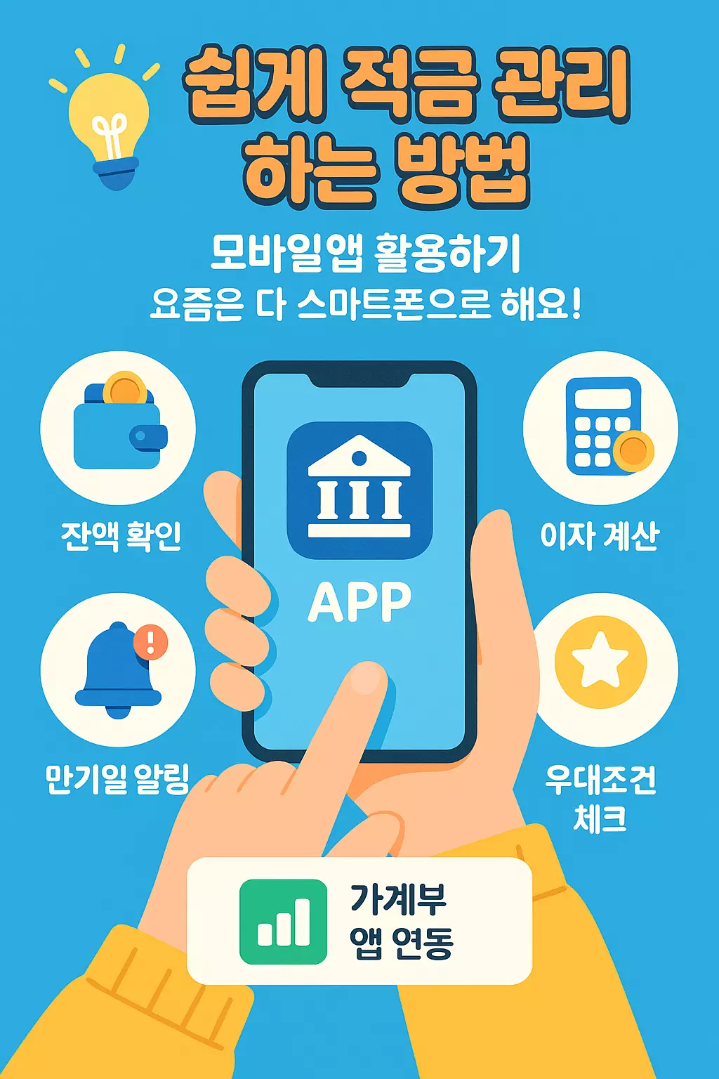 스마트폰 앱을 활용한 적금 관리 방법 인포그래픽 - 잔액 확인, 이자 계산, 만기일 알림, 가계부 앱 연동 설명
