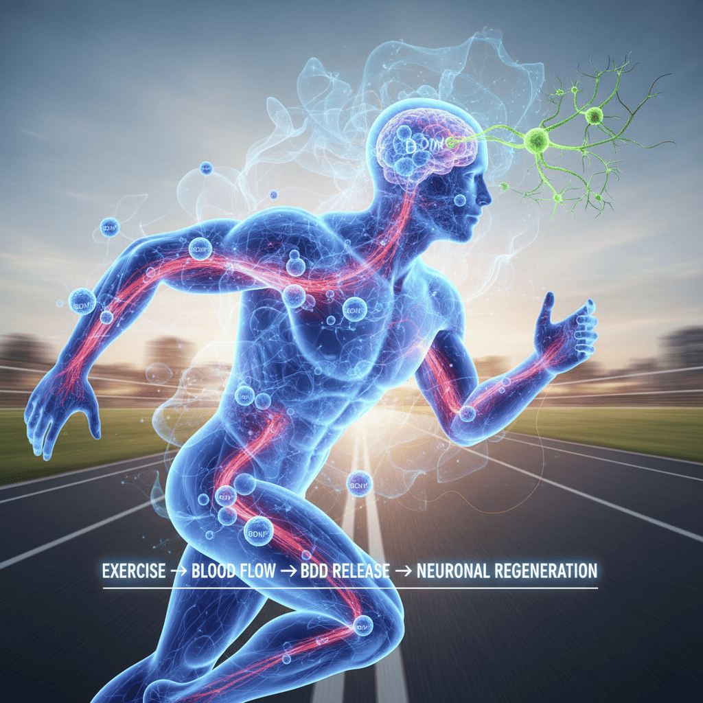 운동 중 분비되는 BDNF 단백질이 뇌세포 재생과 신경 연결을 촉진하는 일러스트