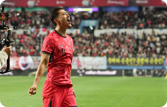 조규성이 14일 대전월드컵경기장에서 열린 남자축구 국가대표 A매치 평가전 대한민국과 볼리비아의 경기에서 골을 넣은 뒤 환호하고 있다. [사진=연합뉴스]