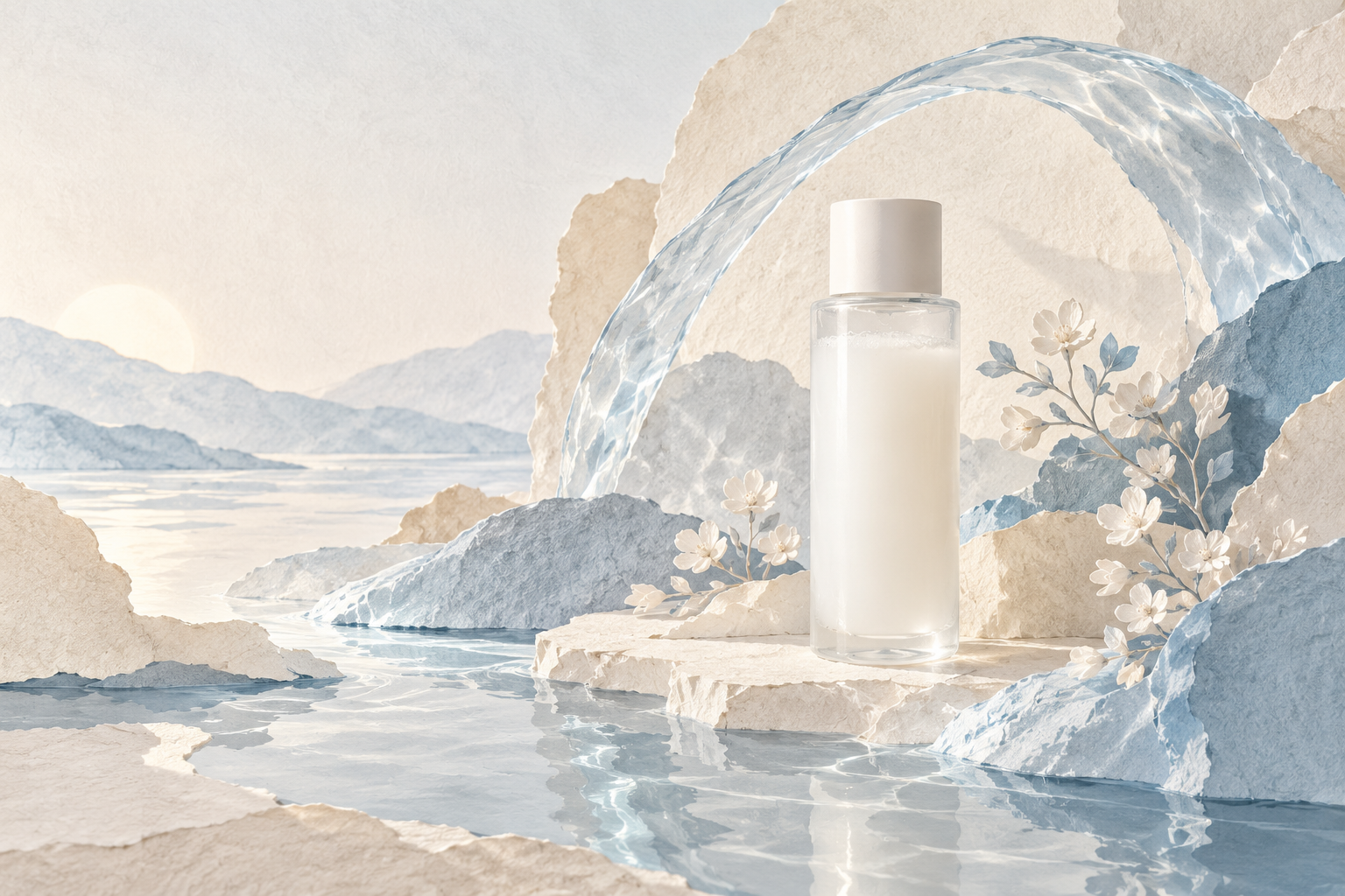 An unbranded clear bottle containing milky liquid amid cream and icy-blue paper layers, pale flowers, a translucent water-like arch and gentle reflections.