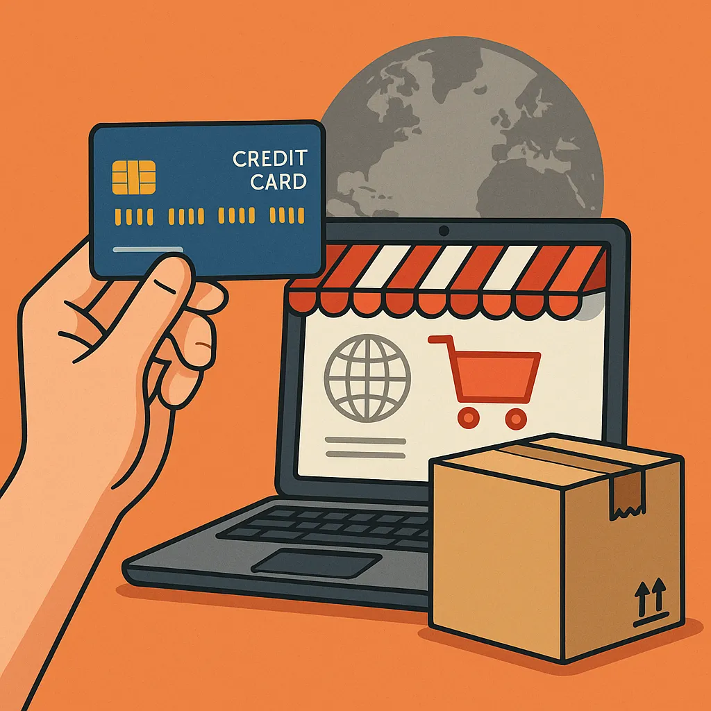 노트북으로-해외-쇼핑을-하는-사람이-신용카드를-들고-있는-모습으로,-해외-직구용-카드의-혜택과-환율-수수료의-차이를-시각적으로-표현한-금융-일러스트