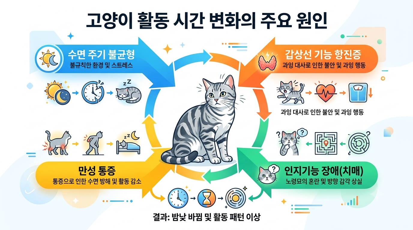 고양이 생활패턴 변화 및 밤낮 바뀜 원인을 설명하는 다이어그램