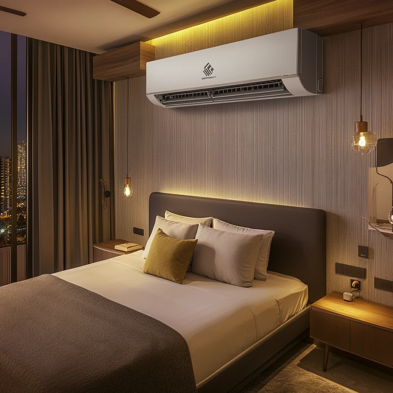아파트 침실에서 벽걸이 에어컨이 공간을 효율적으로 활용하여 시원한 여름밤을 제공합니다. 슬림한 디자인과 효율적인 냉각 기능이 결합되어 도시 생활에 맞춰져 있습니다.