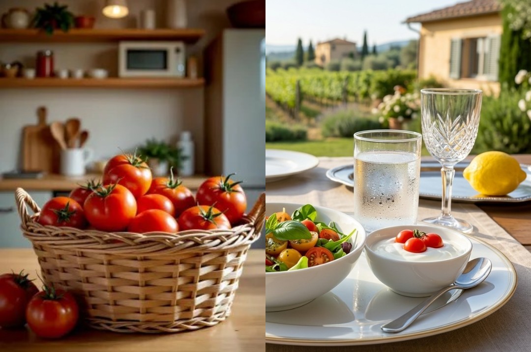 토마토 바구니와 토마토가 포함된 식사를 비교해, 단독 섭취와 식사 함께 먹는 경우를 보여주는 이미지