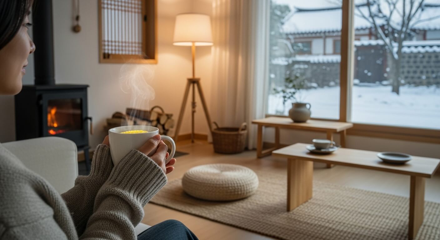 겨울철 집 안 거실에서 따뜻한 옥수수 수염차를 두 손으로 감싸 쥐고 휴식을 취하는 모습