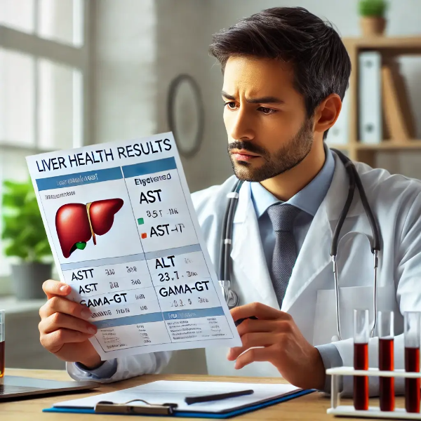 AST, ALT, 감마GT 간수치가 표시된 검사 결과를 살펴보는 사람과 의사, 건강 상담 장면