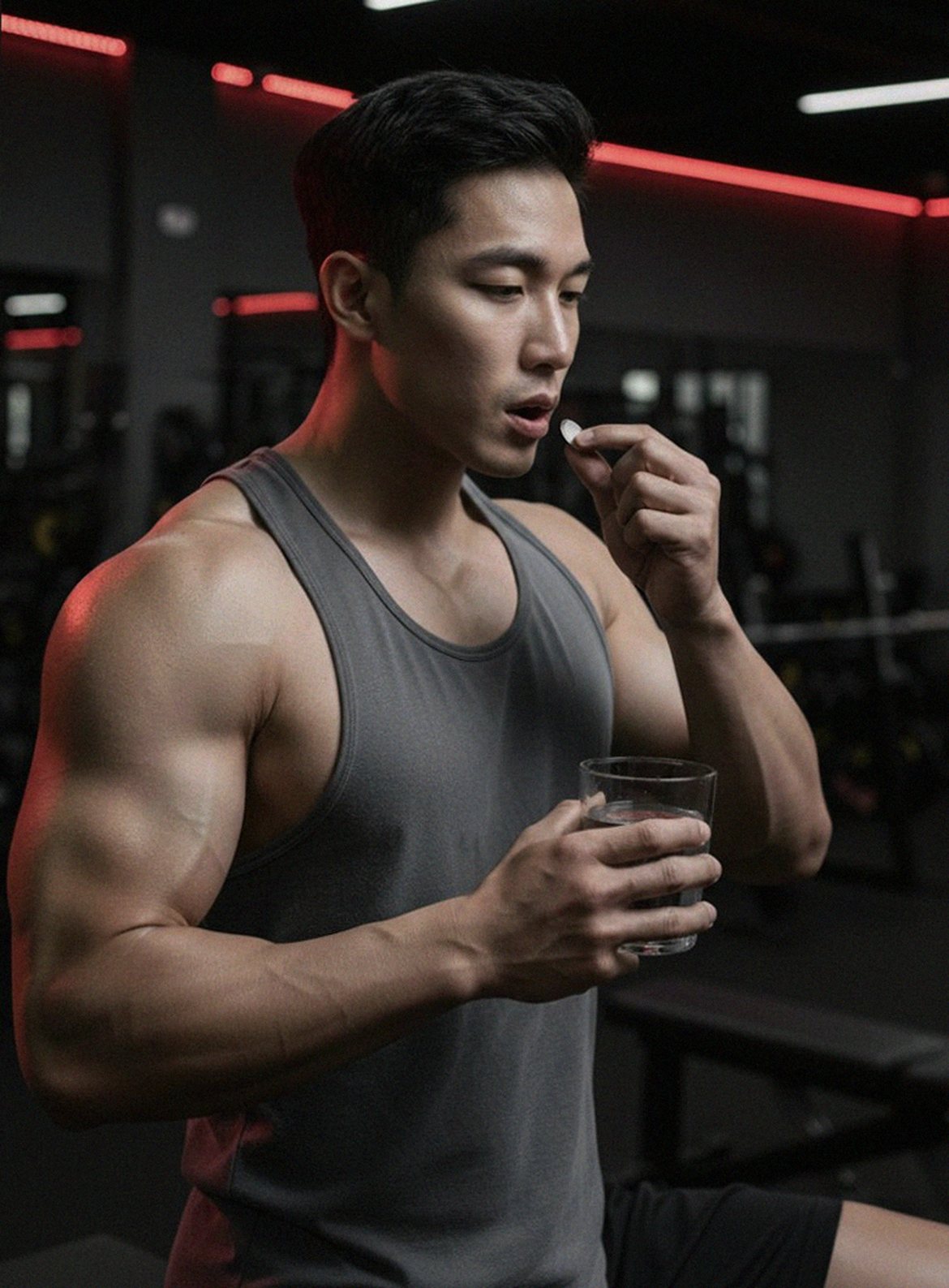 Korean Asian man in 40s taking supplement with water after dinner