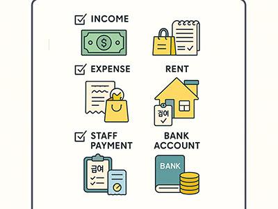 체크리스트 아이콘 모음. 수입(INCOME), 비용(EXPENSE), 임대료(RENТ), 직원 급여(STAFF PAYMENT), 은행 계좌(BANK ACCOUNT) 항목이 그림 아이콘과 함께 체크되어 있는 모습. 세금 신고를 위한 항목 정리를 표현한 인포그래픽.