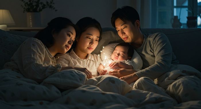 가족이 아기와 함께 쉬는 장면