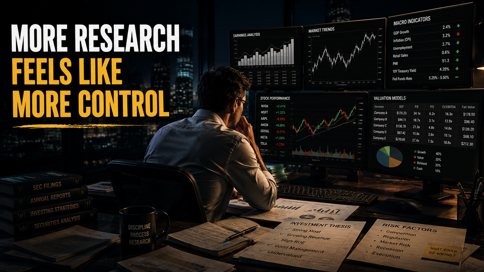 `Investor analyzing financial data and experiencing the illusion of control in the stock market`