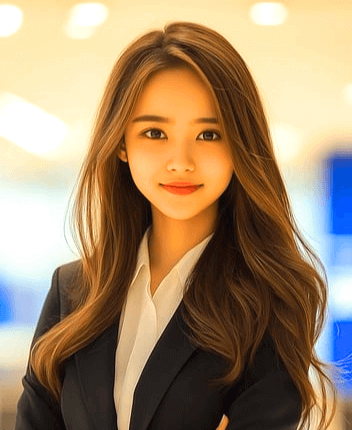 긴 갈색 웨이브 머리를 하고 검정 정장을 입은 20대 여직원이 서서 정면을 바라본다.