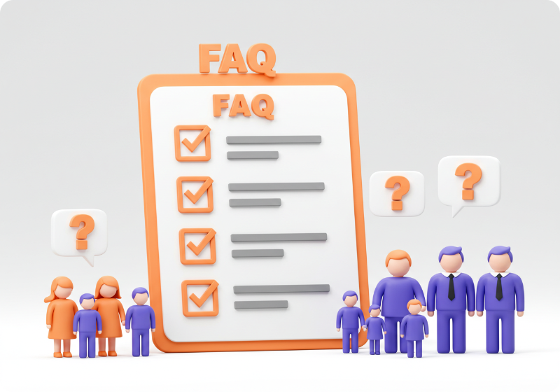 질문 말풍선과 체크리스트, 가족 아이콘들이 포함된 3D FAQ 개념 디자인