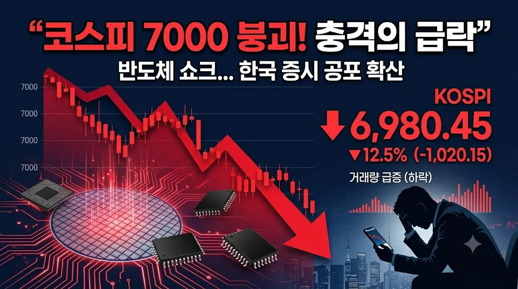 코스피 급락과 매도 사이드카 발동을 보여주는 하락 차트와 반도체 이미지