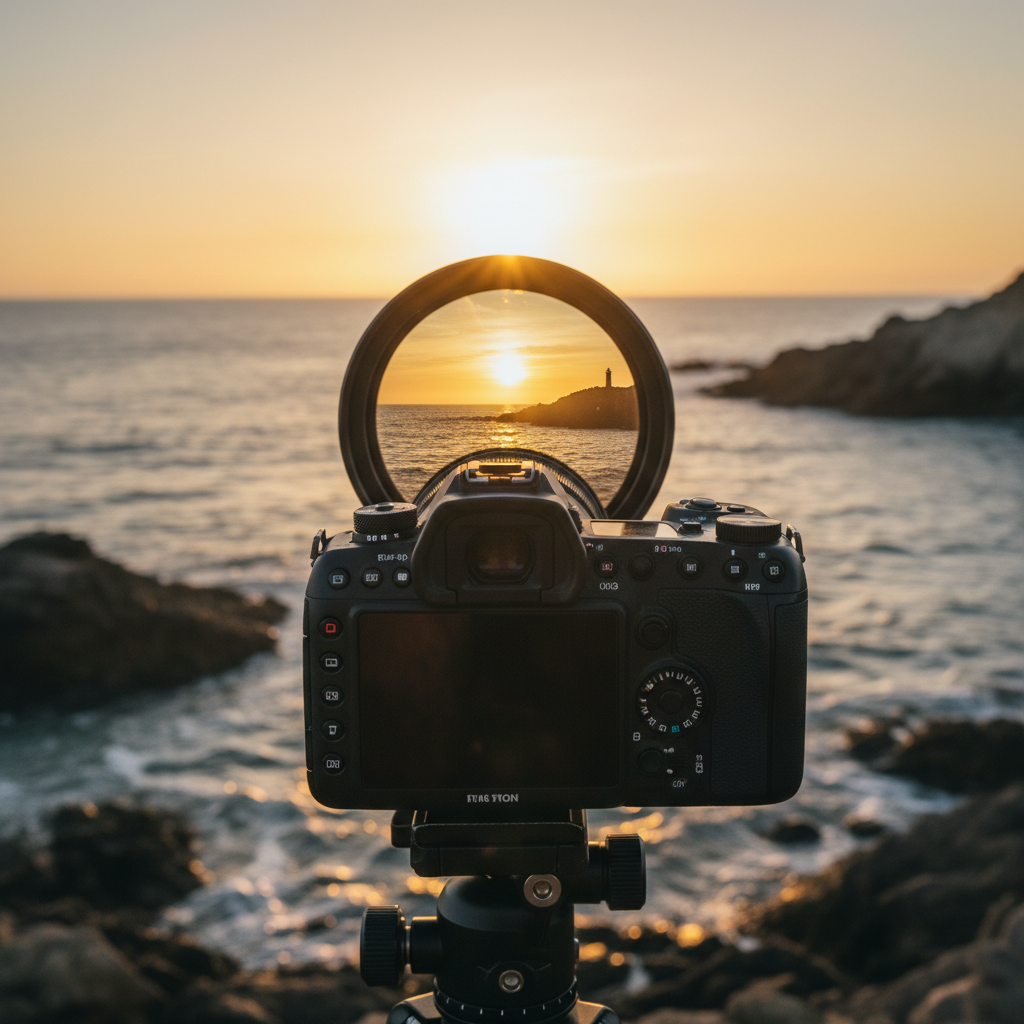 일출 촬영을 위해 설정된 전문 카메라의 모습