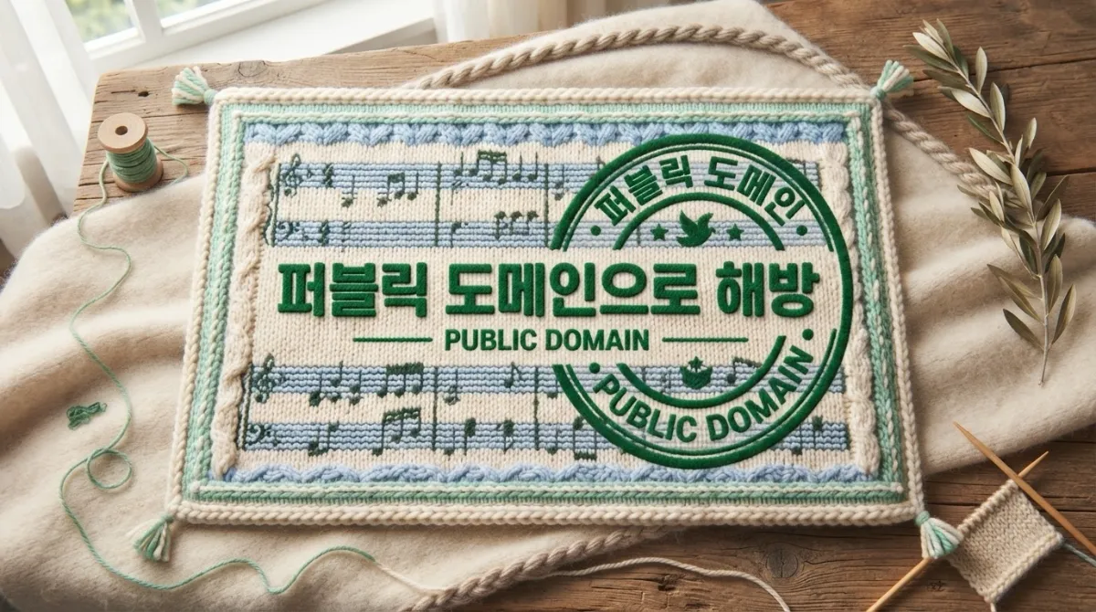 녹색 퍼블릭 도메인 도장이 찍힌 손뜨개 니트 악보 문서가 햇빛 아래 놓여 2015년 법정 판결 이후의 해방을 축하하는 느낌의 일러스트