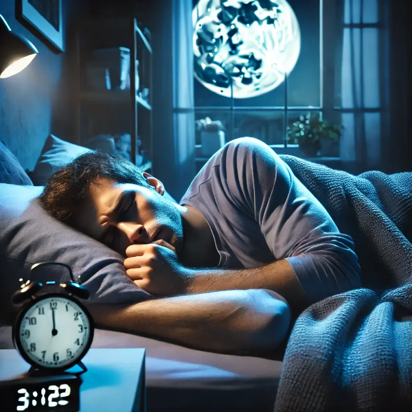 수면장애로 뒤척이는 사람 – 어두운 방과 밤의 긴장감을 담은 리얼 이미지