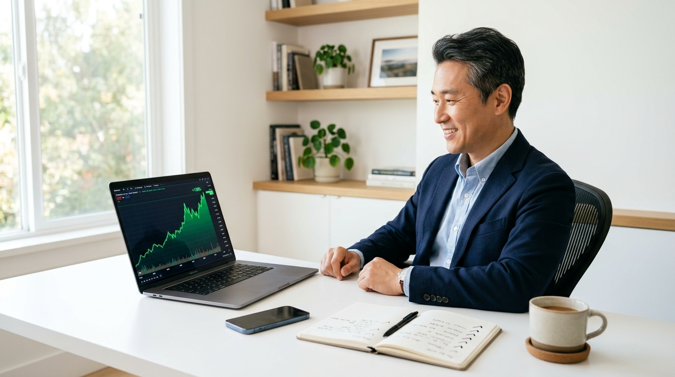 상승하는 주식 차트 화면을 보는 중년 남성