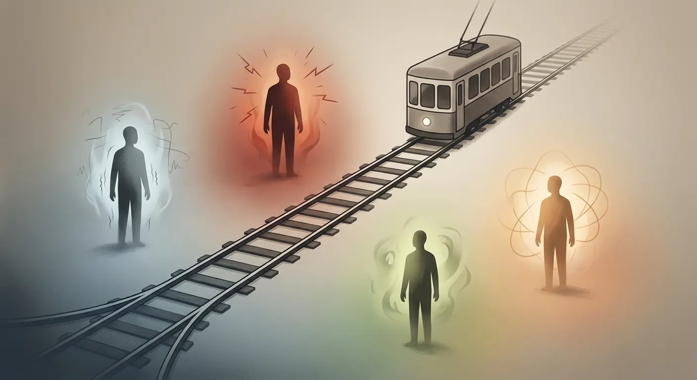An illustration showing different emotional states influencing moral judgment in the trolley problem
