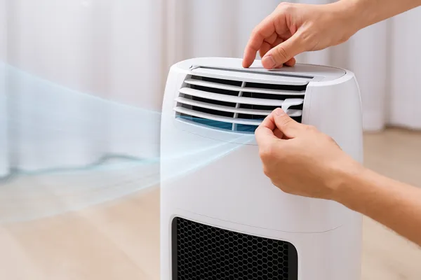 공기 배출하는 제습기 조작 모습