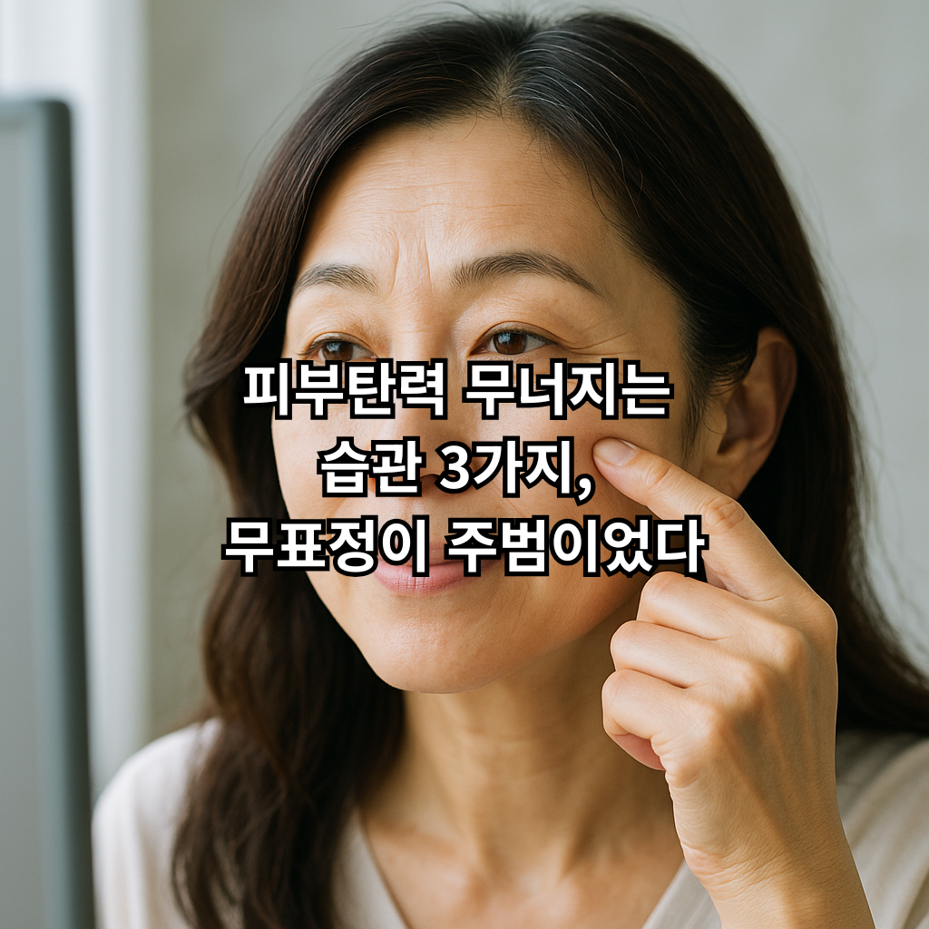 거울 앞에서 광대 아래를 손가락으로 눌러보며 탄력 확인하는 여성