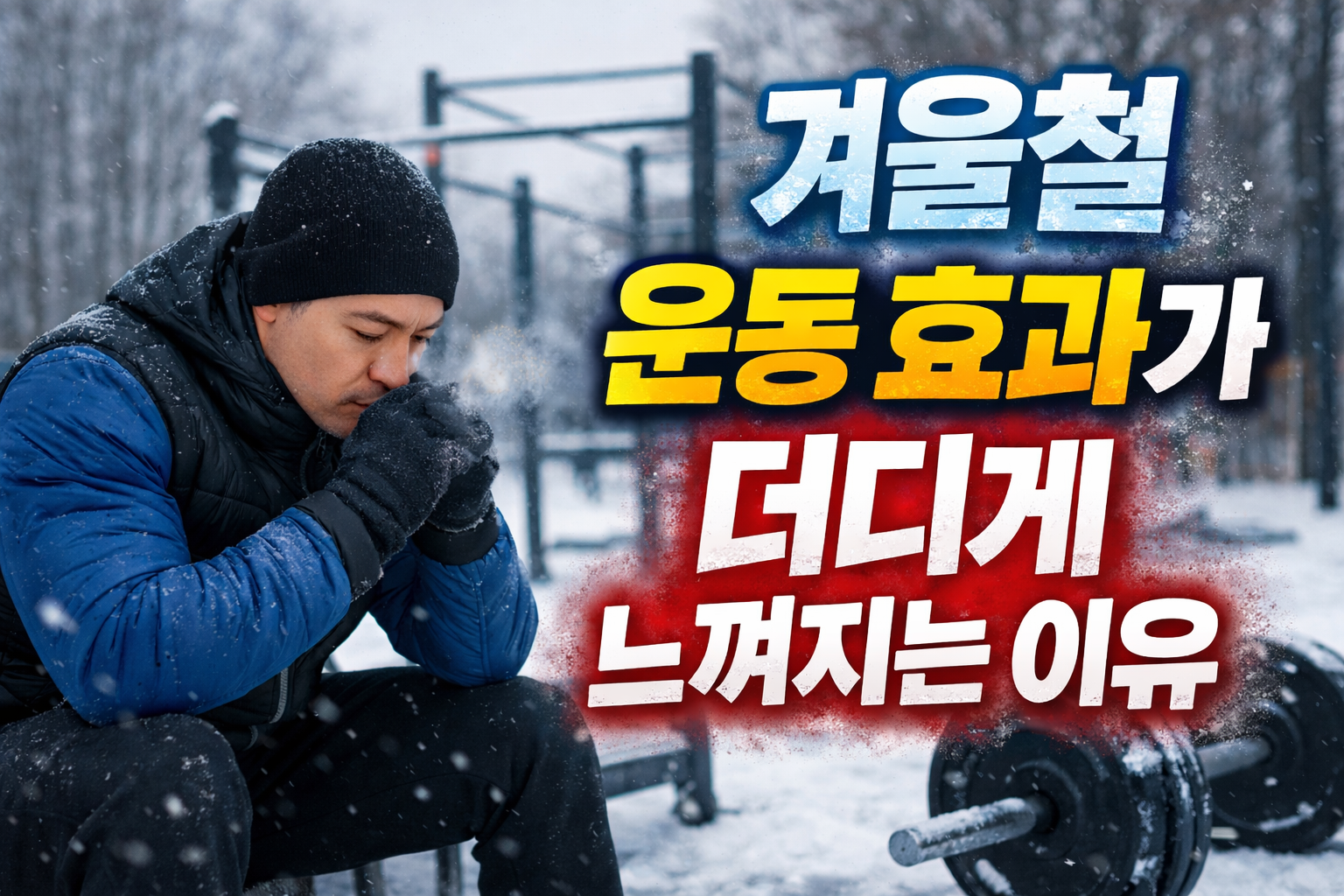 겨울철 야외 운동 중 추위로 인해 운동 효과가 더디게 느껴지는 이유를 설명하는 이미지