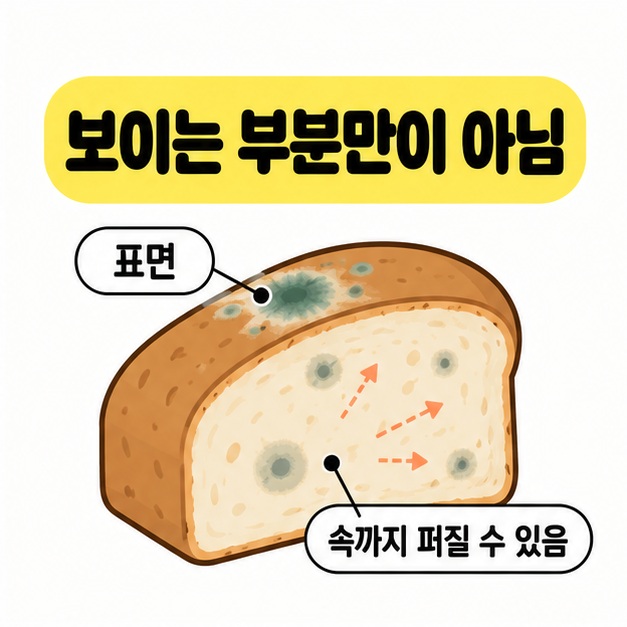 곰팡이가 빵 표면에서 속까지 퍼질 수 있음을 나타낸 단면 그림
