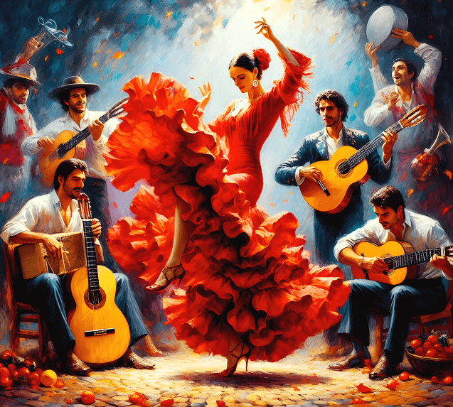 여러명의 남자들이 기타를 맨채 연주를 하고있고, 붉은 드레스를 입은 여인이 가운데서 다리를 들고 팔을 올려 멋지게 춘 춘다.