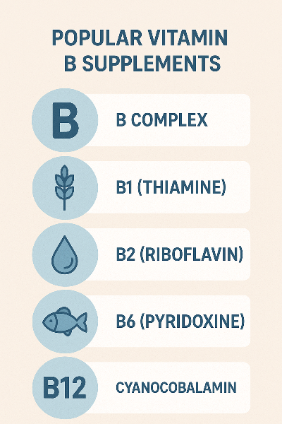 B 컴플렉스, 티아민(B1), 리보플라빈(B2), 피리독신(B6), 시아노코발라민(B12)의 명칭과 상징 아이콘을 통해 비타민B 종류별 역할을 시각적으로 쉽게 이해할 수 있도록 구성한 세로형 인포그래픽입니다.
