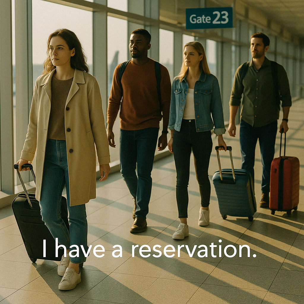 공항 게이트 주변에서 캐리어를 끌며 걷는 승객들의 모습으로&amp;#44; 실제 탑승 직전 상황을 묘사한 이미지입니다.