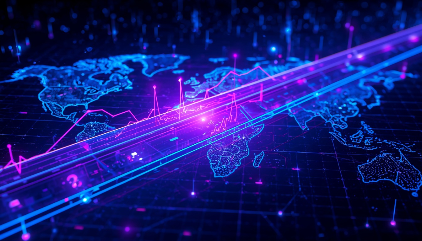 High-tech glowing digital highway across a global map representing 24/7 non-stop trading and blockchain infrastructure roadmap.