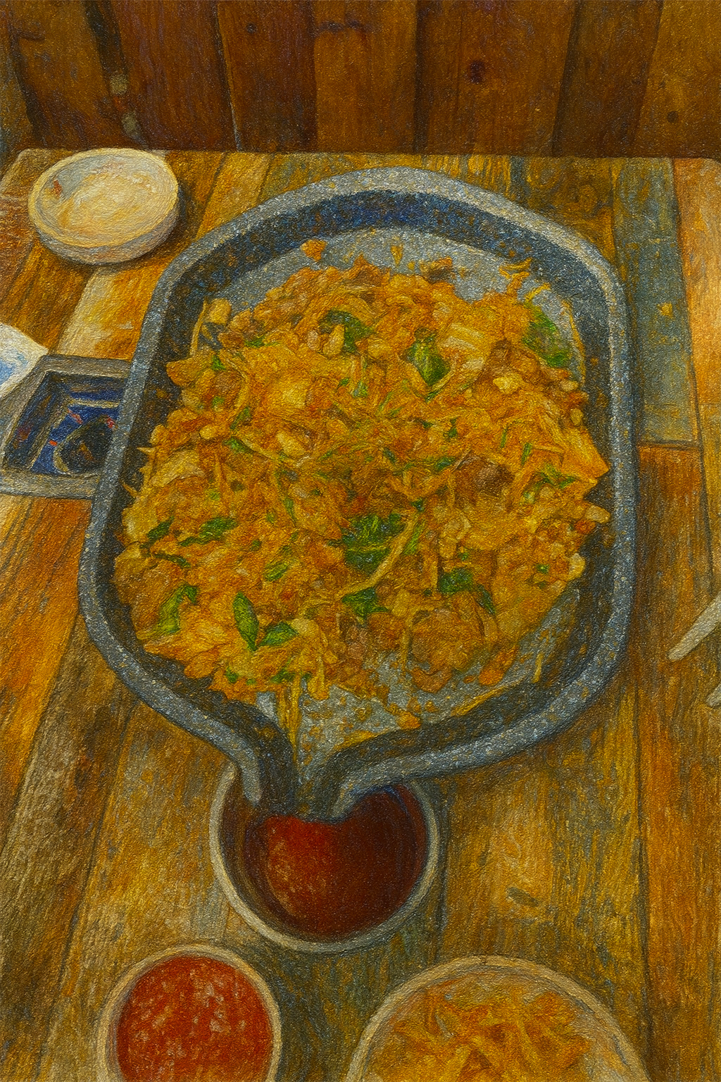 철판 위에서 볶아진 고기 볶음밥(눌어붙은) 마무리