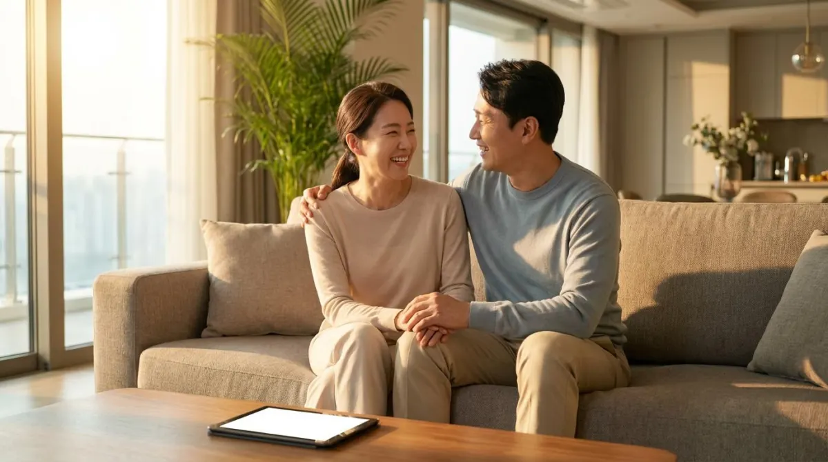 따뜻한 햇살이 들어오는 세련된 거실에서 공시가격 이의신청 결과에 만족하며 서로를 보며 환하게 웃고 있는 한국인 부부의 안도감 넘치는 모습