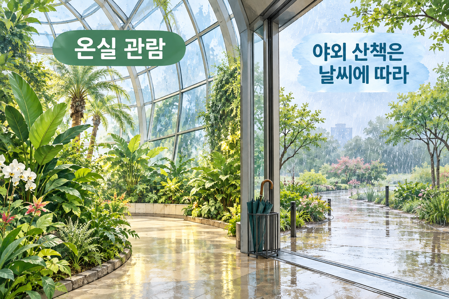 온실을 중심으로 보고 야외 산책은 날씨에 따라 조정하는 비 오는 날 계획입니다.
