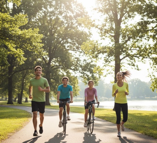 야외에서 유산소 운동을 하고 있는 사람들 모습