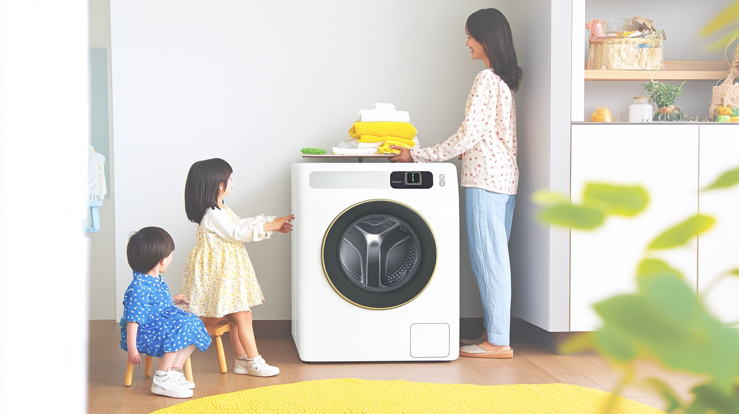 현대식 아파트에서 공간 절약형 삼성 세탁기 건조기 세트를 활용하며 효율성을 즐기는 가족.