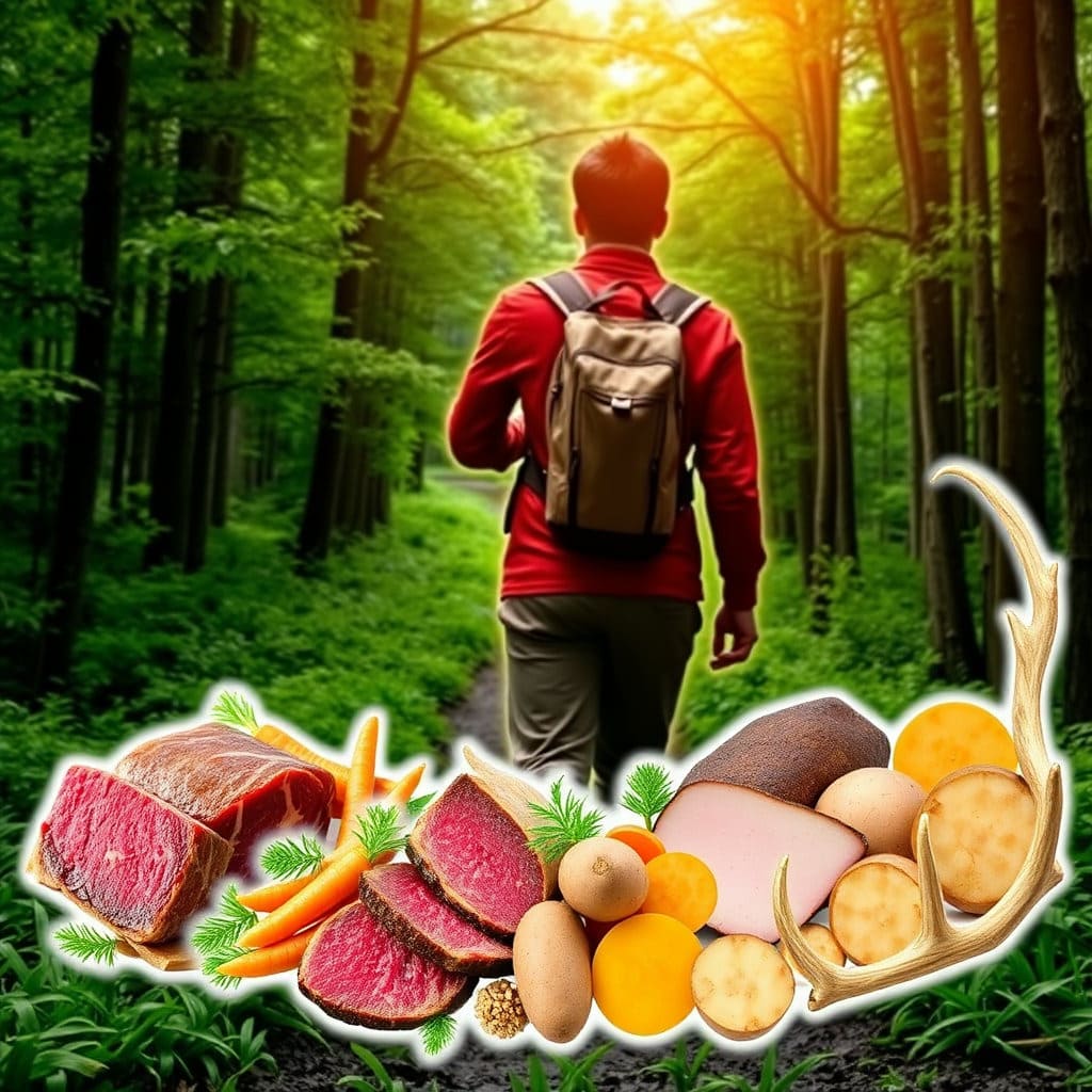 울창한 숲길을 등산하는 사람의 뒷모습과 함께&amp;#44; 소고기&amp;#44; 돼지고기&amp;#44; 뿌리채소&amp;#44; 녹용 등 목음체질에 이로운 음식들이 자연스럽게 배치된 콜라주 형식의 이미지입니다. 하복부를 따뜻하게 하는 것을 상징하는 따뜻한 색감의 옷차림도 포함될 수 있습니다. 