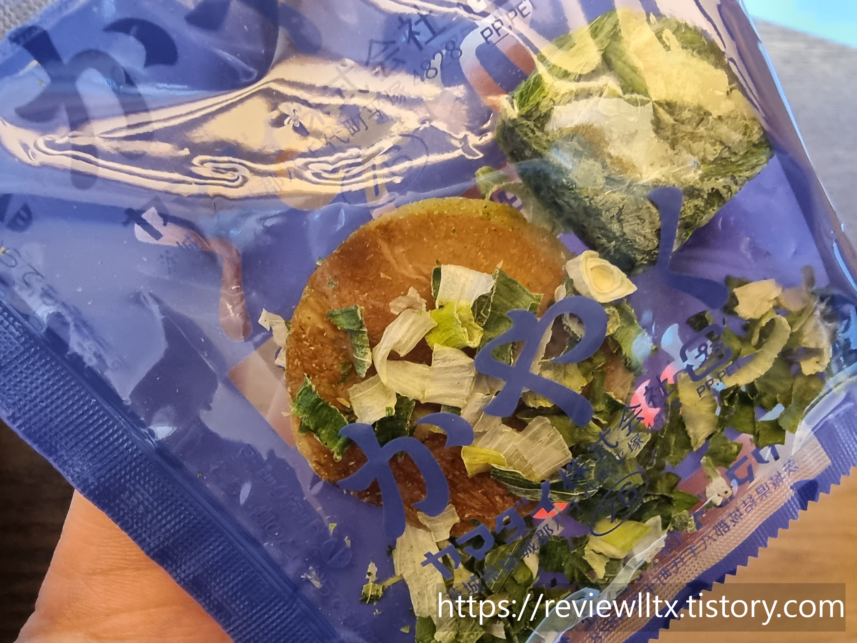 건더기 스프를 확대한 사진&#44; 안에 건조 차슈와 파가 들어있음.