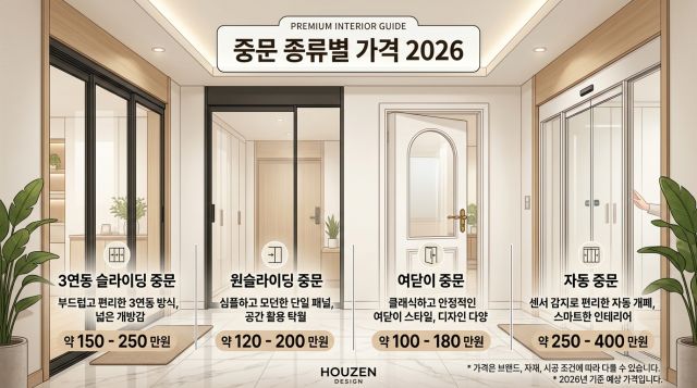 2026년 중문 종류별 가격과 3연동, 원슬라이딩, 여닫이, 자동 중문 설치비 비교