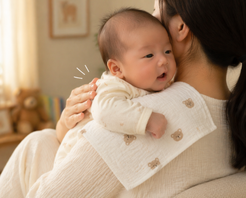 신생아 트림시키는 방법과 올바른 자세, 엄마가 아기를 어깨에 안고 등을 두드리는 모습