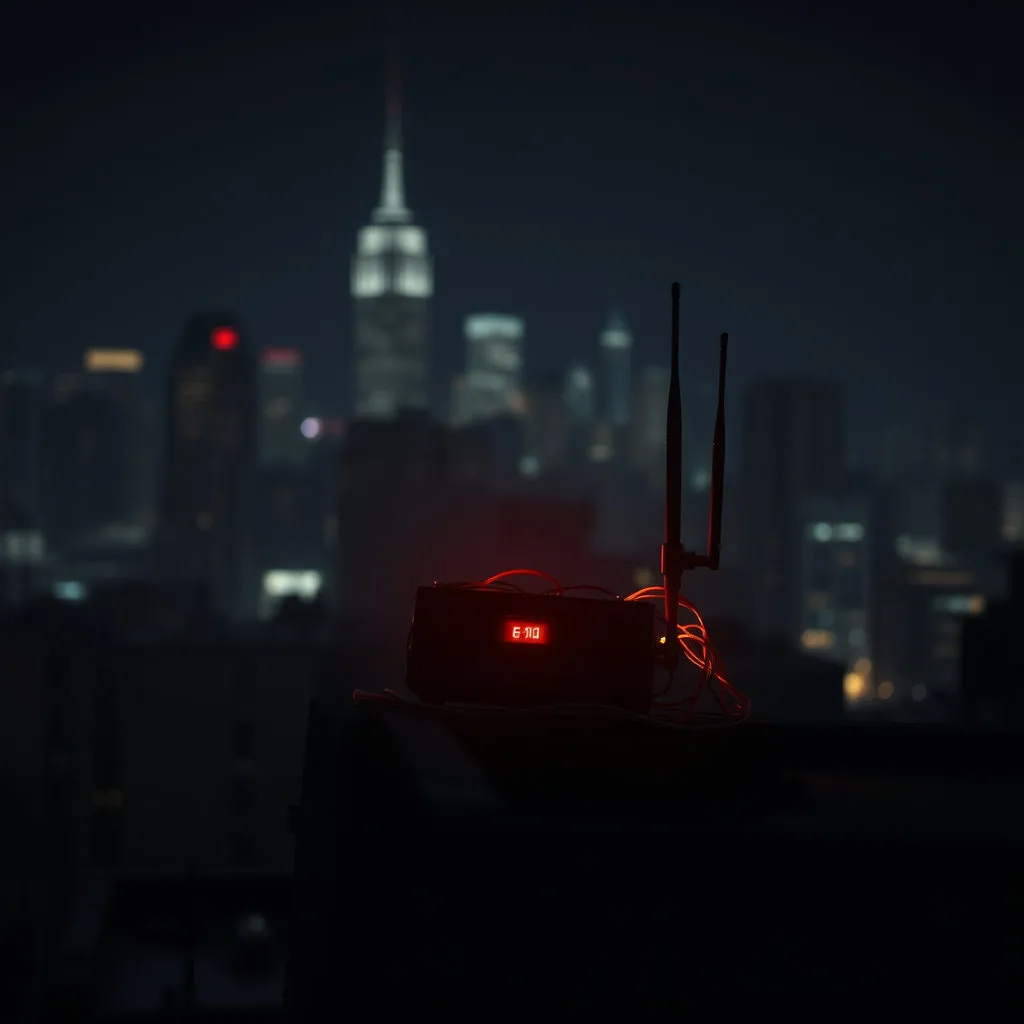어둑한 골목이나 빌딩 옥상에 숨겨진 듯한 작은 안테나나 전자 장비가 희미한 붉은 빛을 내뿜고 있습니다. 장비 주변으로는 혼란스럽게 얽힌 전파 신호들이 시각적으로 표현되어 무단으로 정보를 가로채는 모습을 암시합니다. 배경은 흐릿한 도시 야경으로, 일상 속에 도사린 위험을 강조합니다.