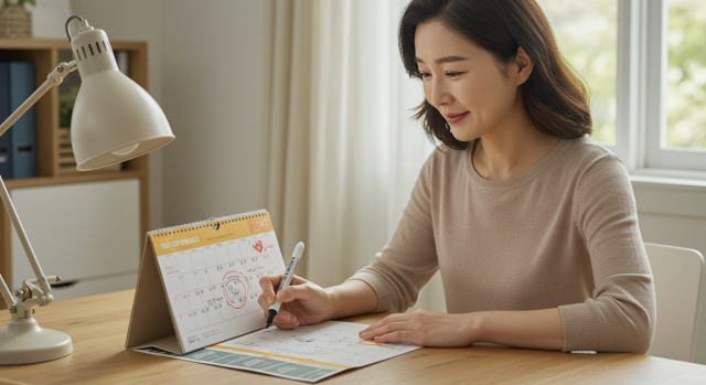 6개월 간격 주사 일정표를 체크하는 장면