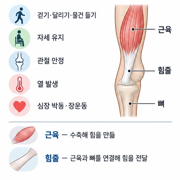 근육이 움직임 자세 유지 관절 안정 열 발생 혈액순환과 소화에 관여하고 힘줄이 근육과 뼈를 연결하는 모습을 보여주는 인포그래픽