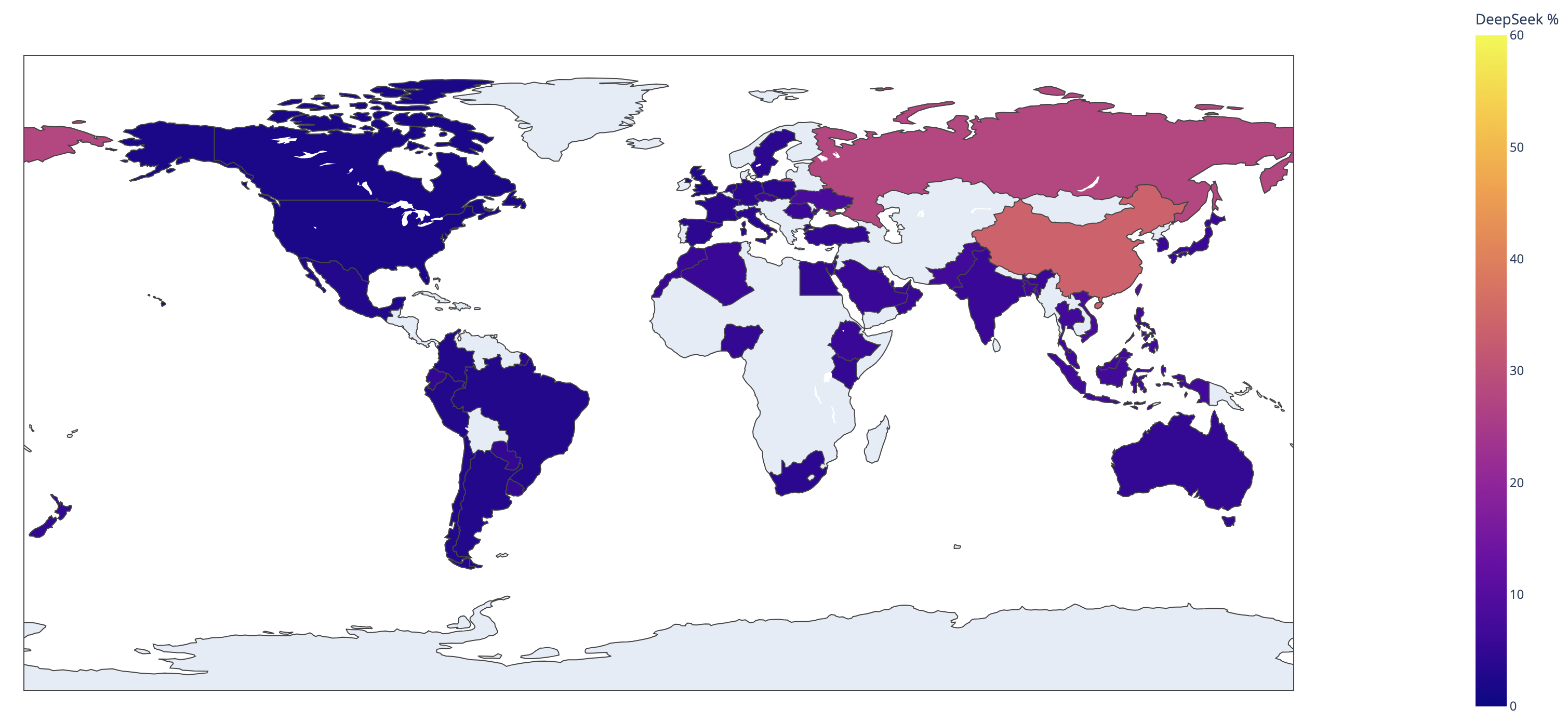 DeepSeek를 AI코딩에 활용하는 지역 및 사용 분포도