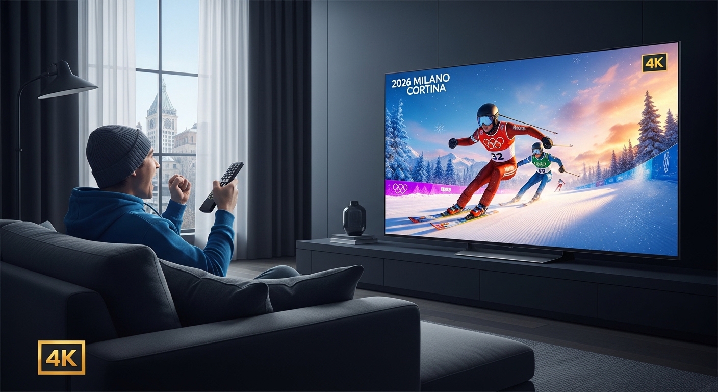 해외 거주자가 거실에서 VPN으로 4K 밀라노 올림픽을 시청하며 환호하는 모습