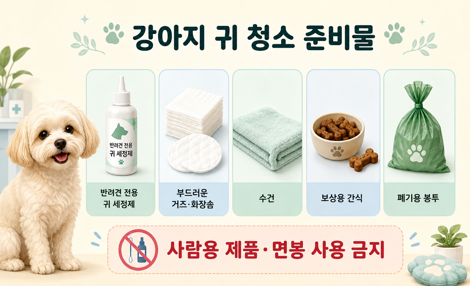 강아지 귀 청소 준비물과 귀 세정제 비교 이미지